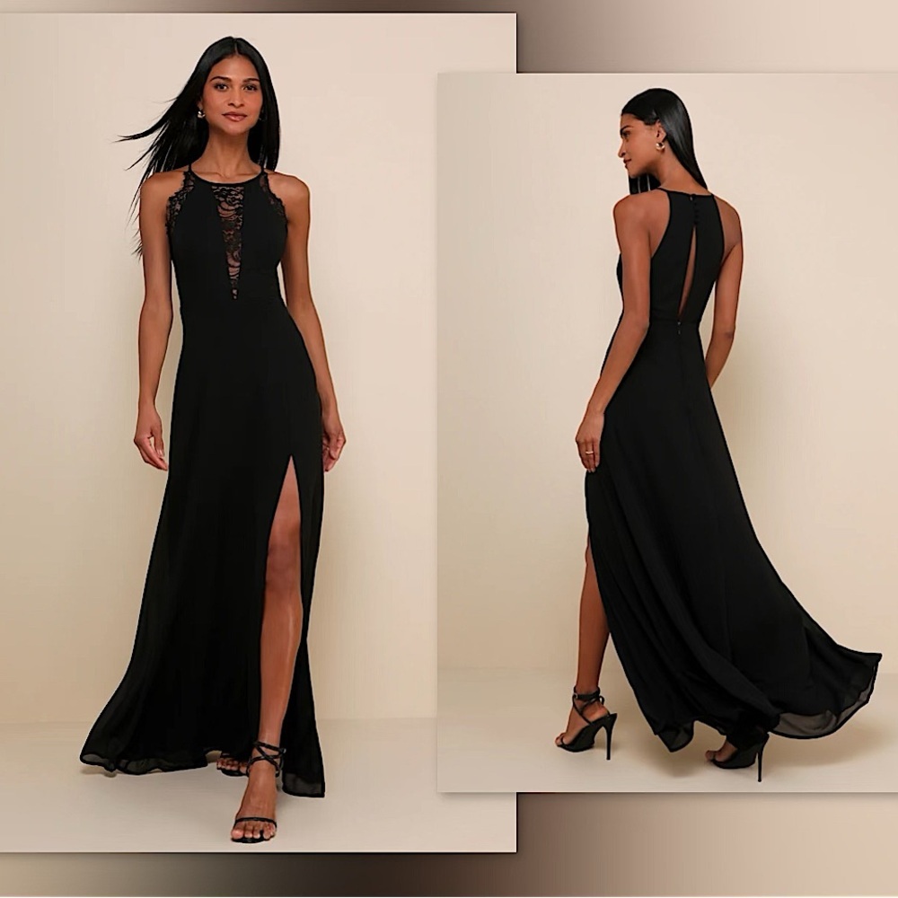 ♟️Lulus Romantic Mood Black Lace Sleeveless Maxi Dress, M, NWT✨